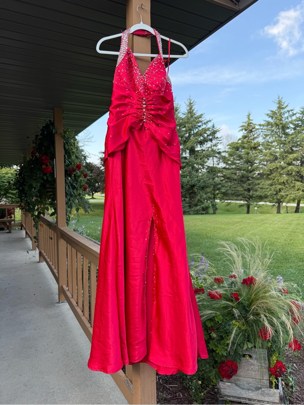 Mori Lee Vibrant Red Beaded Halter Prom Dress